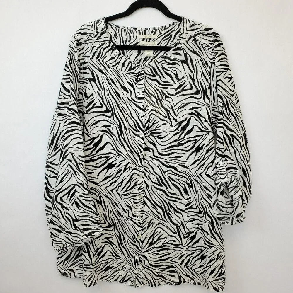Cynthia Rowley Top Womens 2X Linen Zebra Animal Roll Tab Sleeves Button Front - Picture 1 of 10